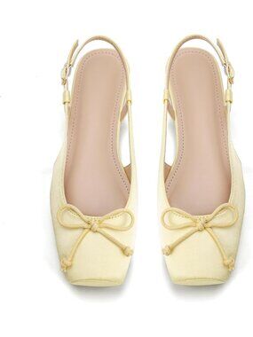 Women's Yellow Slingback Square Toe Bow Knit Ankle Buckle Satin Ballet Flats
